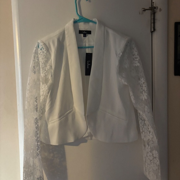 Lulus Luxe Elegance White Lace Sleeve Open-front Blazer - Size L - Picture 6 of 11
